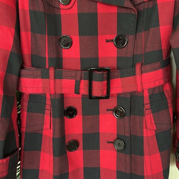 Jessica Simpson Buffalo Plaid Red Black Belted Coat Long Christmas Trench Jacket - Picture 5 of 15